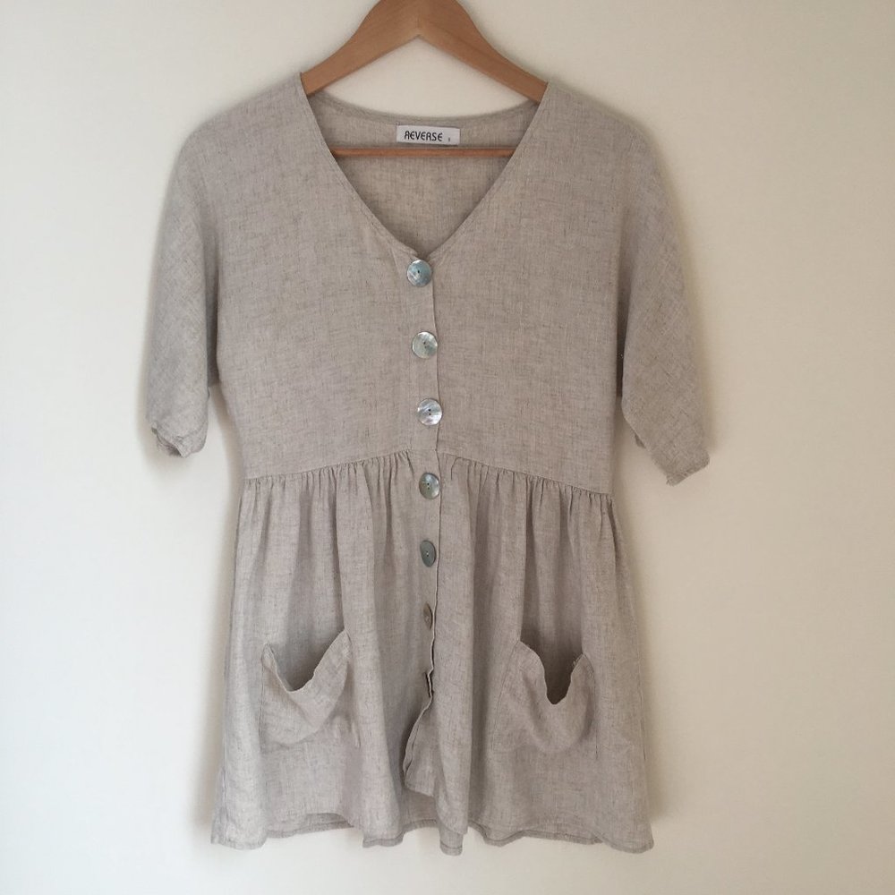 Linen Button Up Tunic Dress Top w/ Pockets